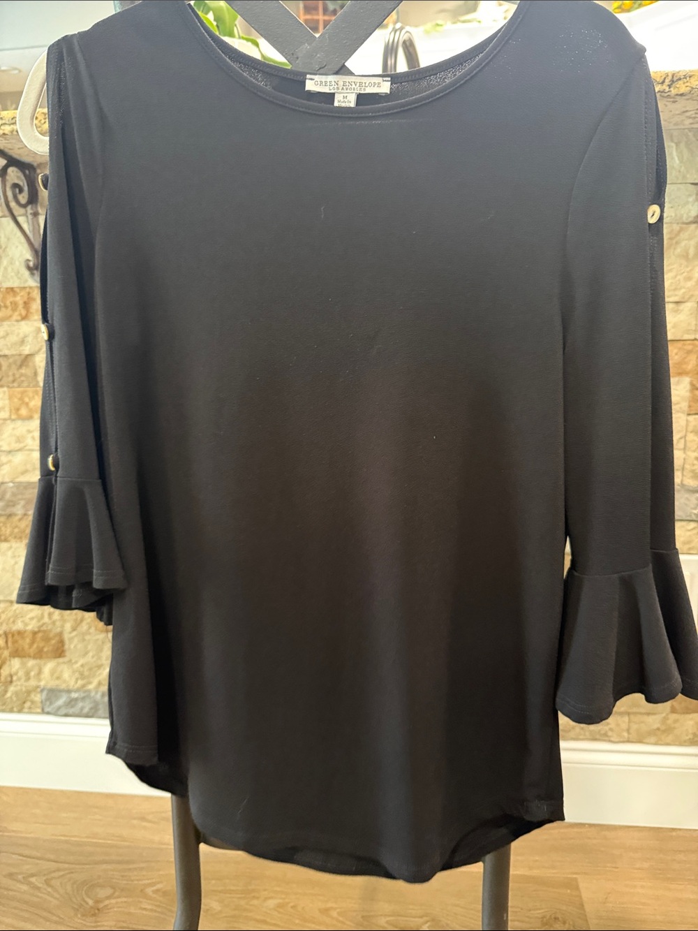 Green Envelope Black Ruffle Sleeve Women's Top